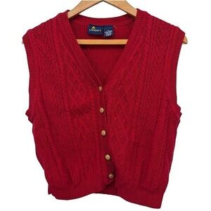 Lizsport Cable Knit Sleeveless Sweater Vest Red V-Neck Button Front Cotton Sz MD